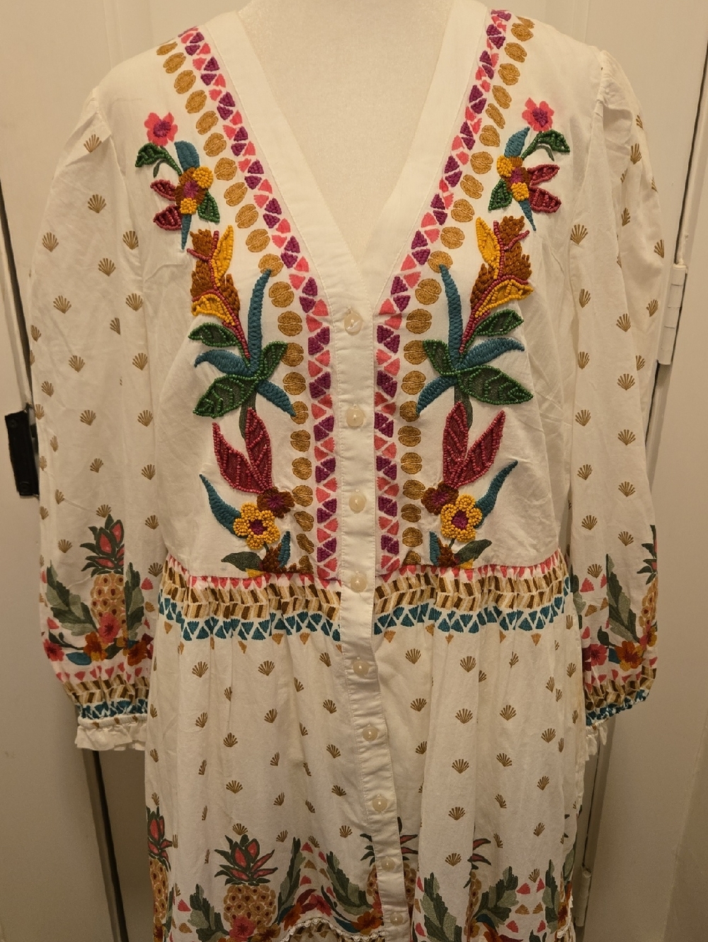 Chico's White Maxi Lined Cotton Dress with Multicolor Floral Embroidery - Picture 2 of 11